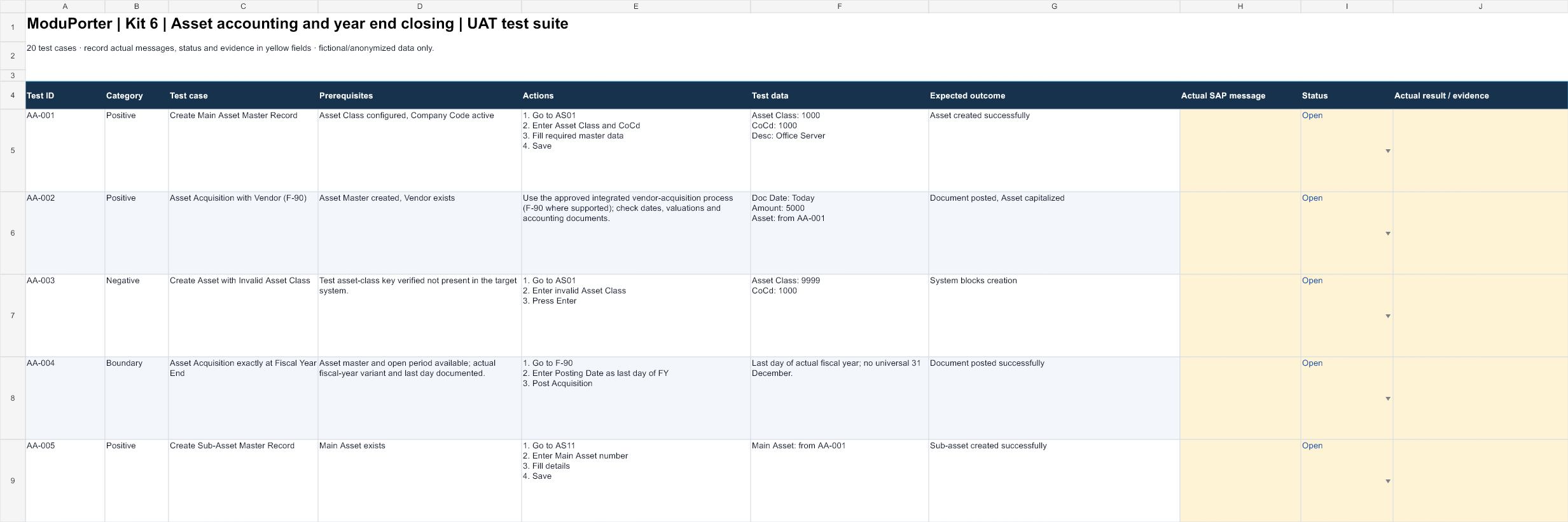 UAT workbook · excerpt — Asset Accounting