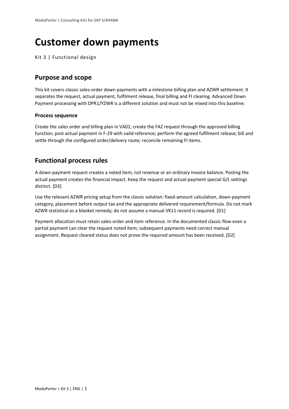 Design document · first page — Customer Down Payments