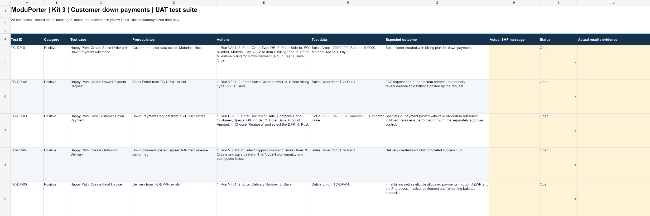 UAT workbook · excerpt — Customer Down Payments