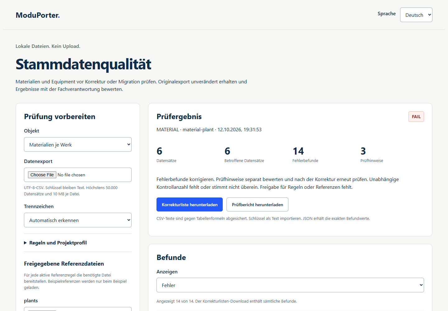 Lokale Prüfung mit Materialbefunden und Korrekturlisten-Download